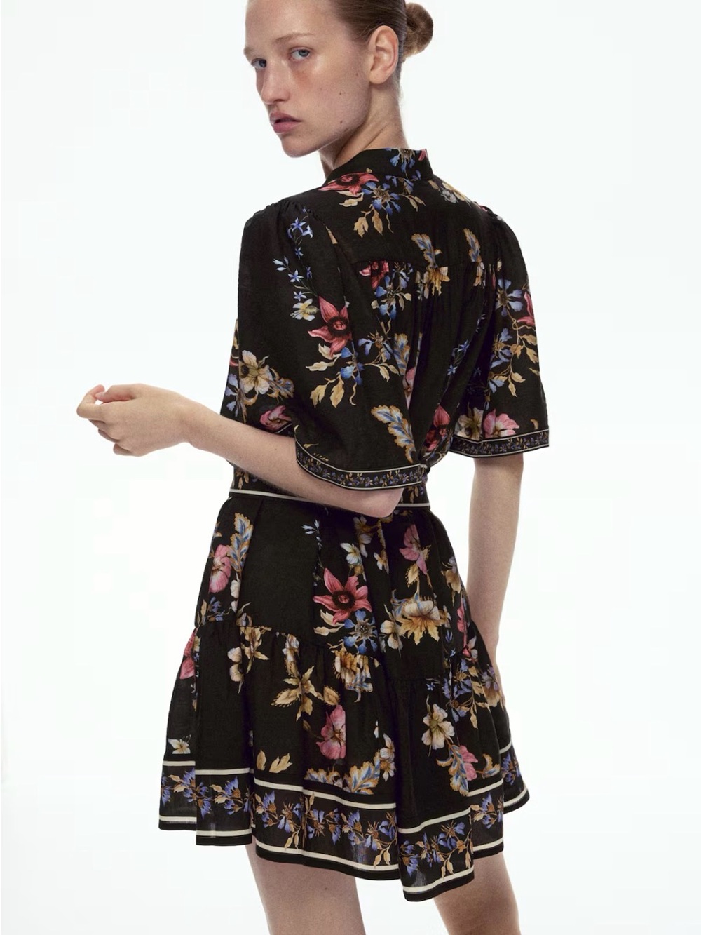 Black Floral Short Dress with Pink and Blue Blooms